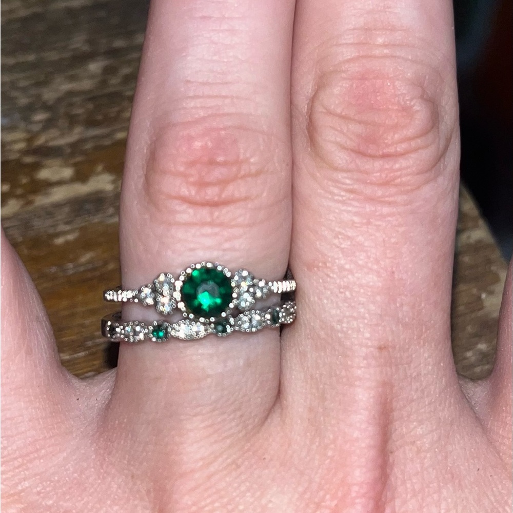 Emerald Green and Cubic Zirconia Ring set